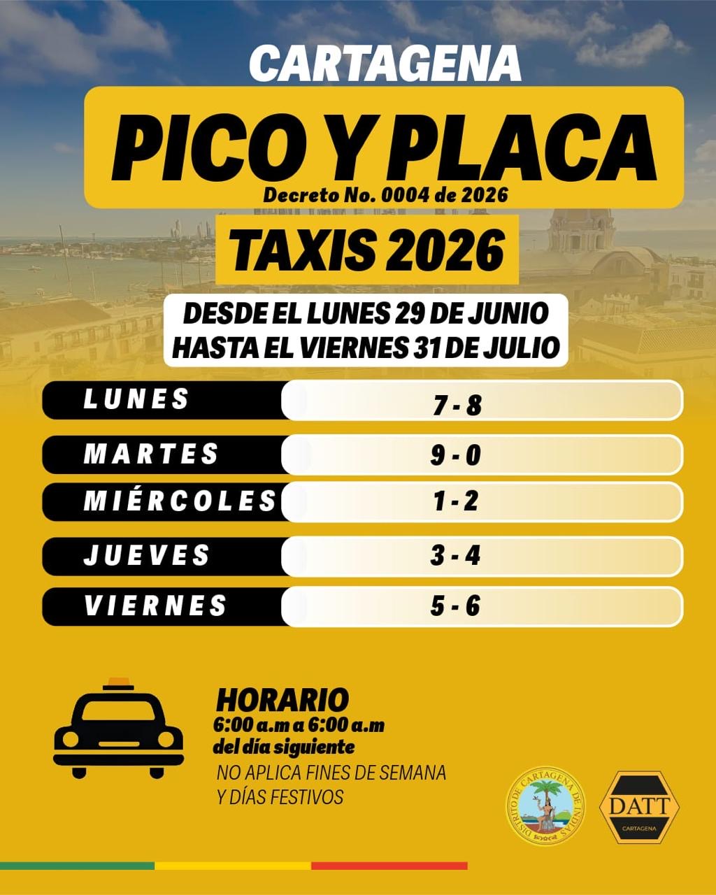 Nueva rotación de pico y placa para taxis en Cartagena